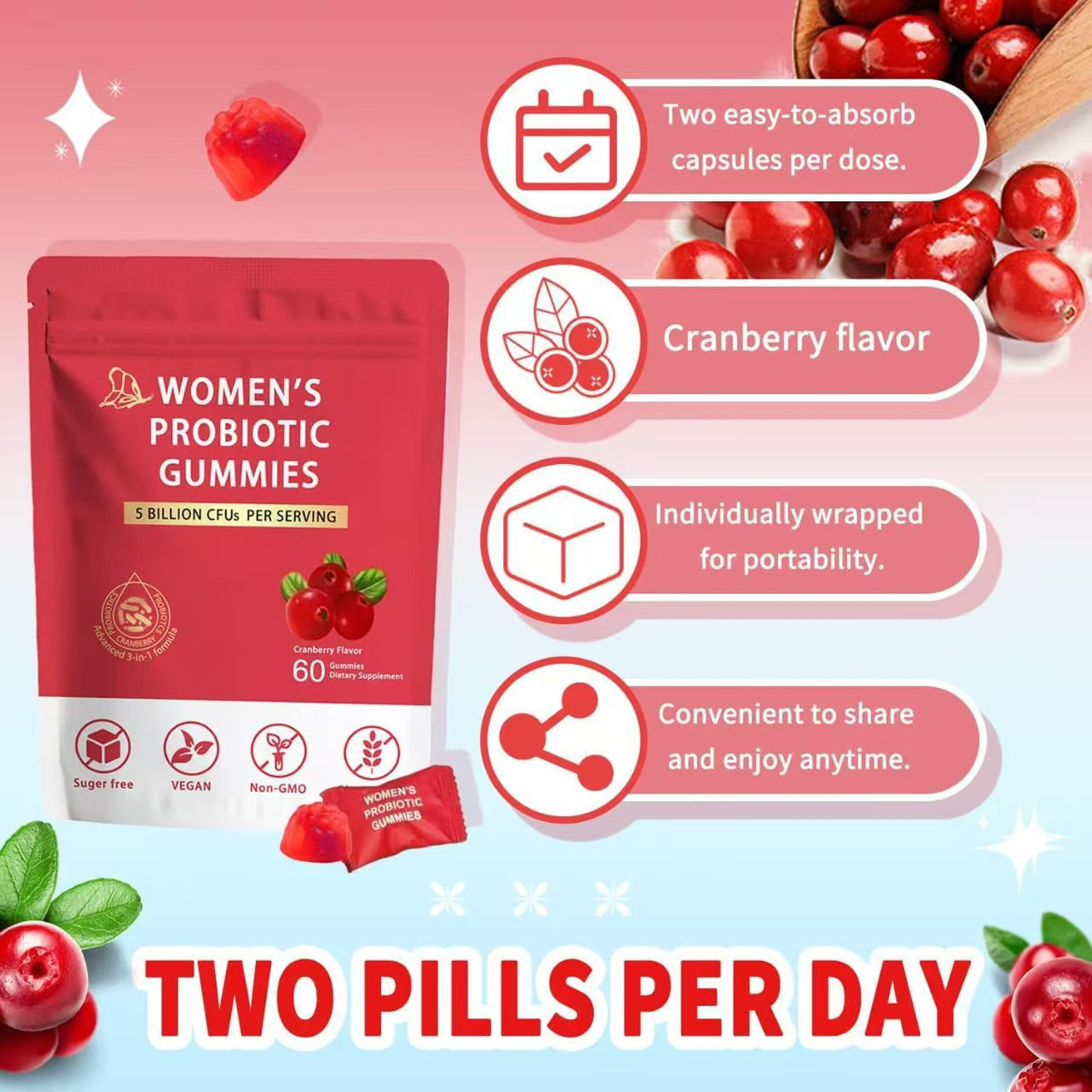Women’s Cranberry Probiotic Gummies for Digestive & Daily Wellness